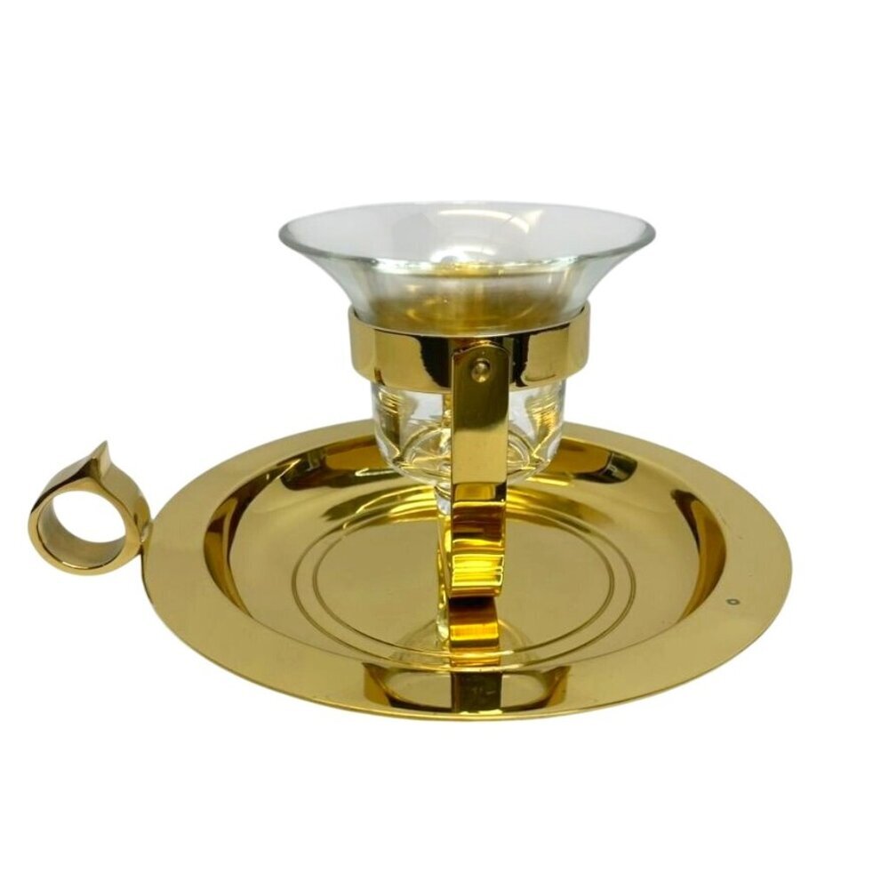 Polished Brass Chamberstick Candle Holder Wall Sconce with Glass Hurricane Shade